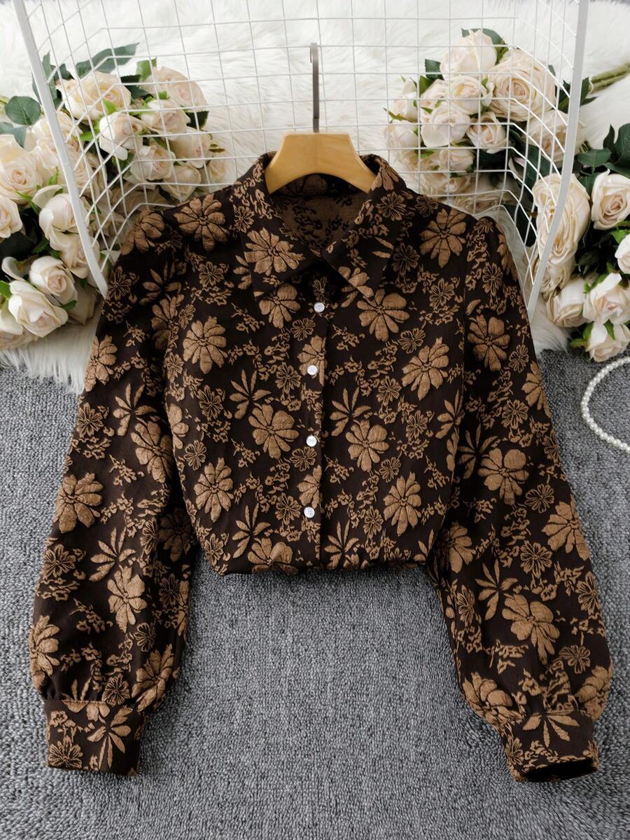 EMERY ROSE 女式黑色和金色提花面料长袖休闲通勤优雅复古衬衫 - 黑色和金色 - 查看 1