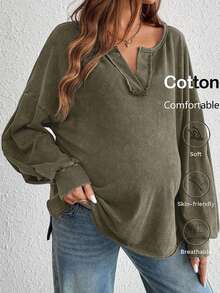 SHEIN Pregnant Women's Casual Notch Neck Drop Shoulder Sweatshirt, Autumn Cotton Tops Cotton Blouses Casual Tops Maternity Shirts For Women Comfy Tops