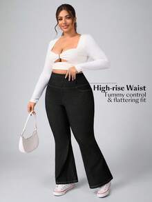 Flexra 大码休闲水洗高腰喇叭牛仔裤 - 黑色 - 查看 5