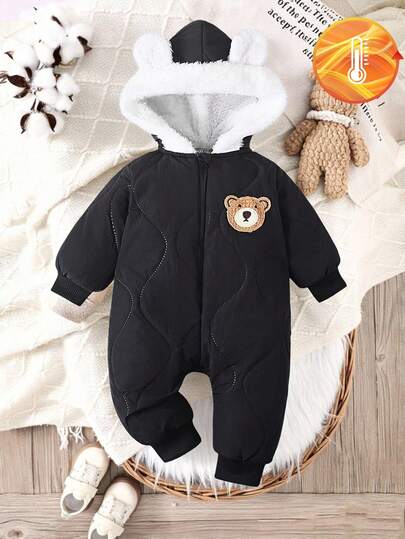 SHEIN 1 pieza Pelele con capucha de unicolor para bebés niños, estilo casual suave y cómodo, adecuado para salidas de otoño/invierno, juegos al aire libre, vacaciones, uso diario, viajes