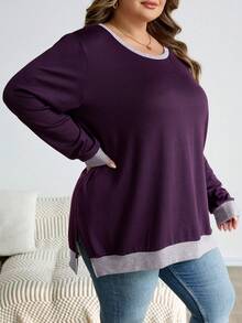 SHEIN CURVE+ Plus Size Casual Colorblock Patchwork Side Slit Sweatshirt, Autumn Holiday/Winter Fall - Burgundy - View 4