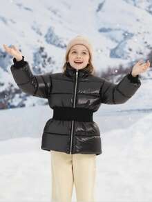 SHEIN Girls' Oversized Stand Collar Ribbed Waist Padded Coat, Suitable For Daily Commute And Gatherings, Winter - Black - View 3