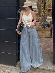 DAZY Retro Personalized Loose Fit Versatile Baggy Boyfriend Jeans For Women - Light Wash - View 3