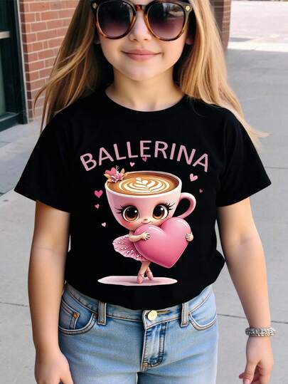 Sparklyn Young Girl Letter & Cartoon Graphic Round Neck Short Sleeve T-Shirt