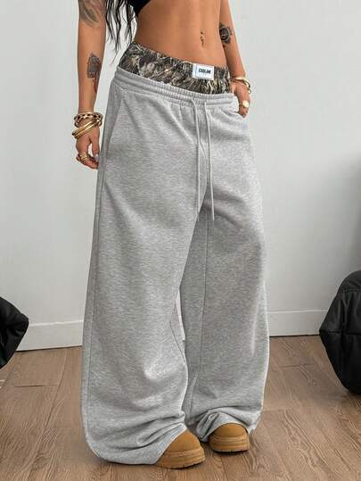 Coolane 男女冬季街头休闲复古Y2K嬉皮树枝图案二合一舒适保暖内衬保暖/防寒/弹力腰带法式灰阔腿运动裤