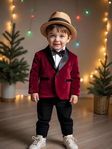 SHEIN 男婴三件套正式服装 - 长袖外套+长裤+领结，时尚奢华套装，适合生日派对、宴会、演出、婚礼、洗礼、万圣节、圣诞节、周岁生日及其他正式场合，婴幼儿婚礼绅士装/婚礼、婚礼宾客、花童、男童伴郎、宝宝家庭亲子装 - 彩色 - 查看 3