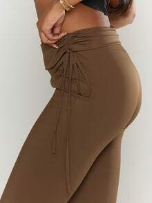 MUSERA 侧边系带褶皱宽腰带柔软七分裤，适合性感外出、秋季、夜晚约会、舒适休闲派对、优雅的感恩节夏季穿着。 - 駝色 - 查看 2