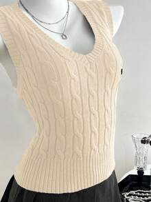 Elamini Casual Versatile Cable Knit Vest - Khaki - View 5