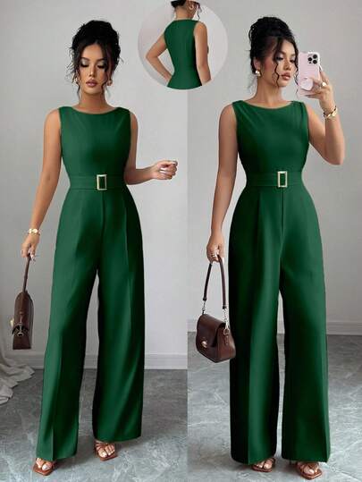 Selianne Mono de mujer de pierna ancha con un hombro, cintura alta, hebilla metálica y tela suave, de estilo romántico francés, para uso de oficina y salidas en verano