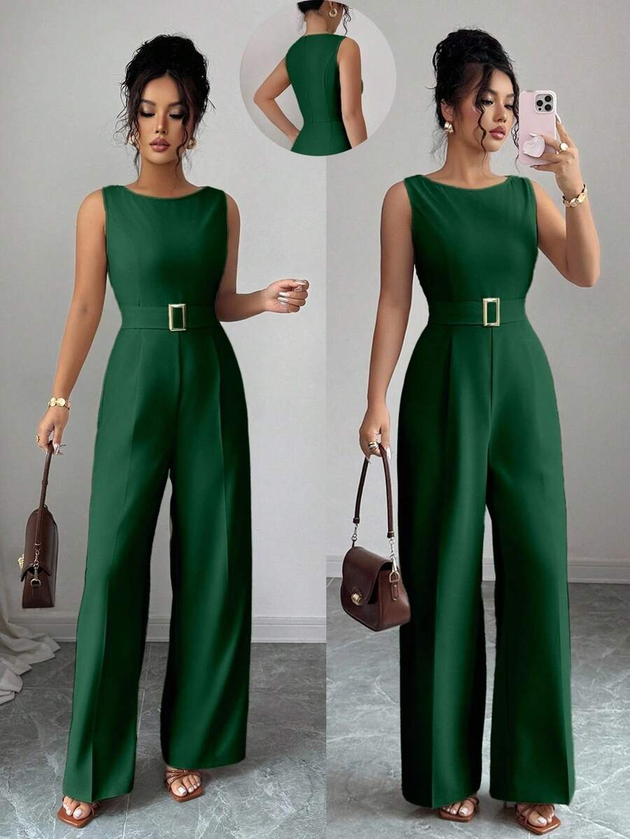 Selianne 法式浪漫一字肩无袖高腰腰带光滑面料金属扣装饰阔腿直筒女连体裤女夏装女办公室服装外出服装 - 綠色 - 查看 1