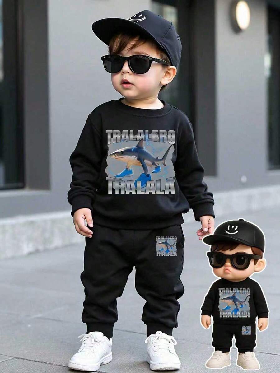 SHEIN Playful Pals 1 套年轻男孩休闲可爱意大利 Brainrot 图案运动衫和运动裤套装，鲨鱼印花和“TRALALERO TRALALA”图案圆领套头衫和裤子套装，秋冬 - 彩色 - 查看 1