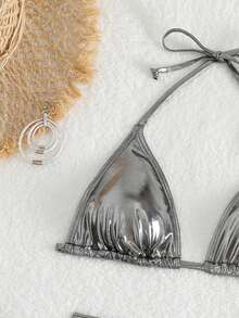 SHEIN X Hangout Fest SHEIN Swim Summer Beach Metallic Halter Triangle Bikini Set With Beach Skirt - Silver - View 3