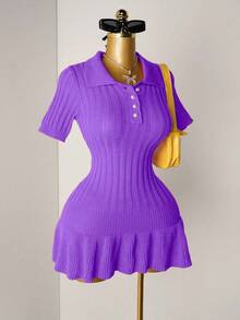 Mistrie Robe mini plissée en tricot orange avec boutons de perle, robe pull moulante sexy à manches courtes minimaliste