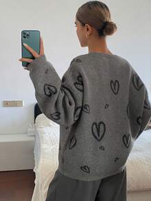 DAZY 女士心形图案提花宽松圆领休闲优雅套头毛衣，秋冬款 - 灰色 - 查看 2
