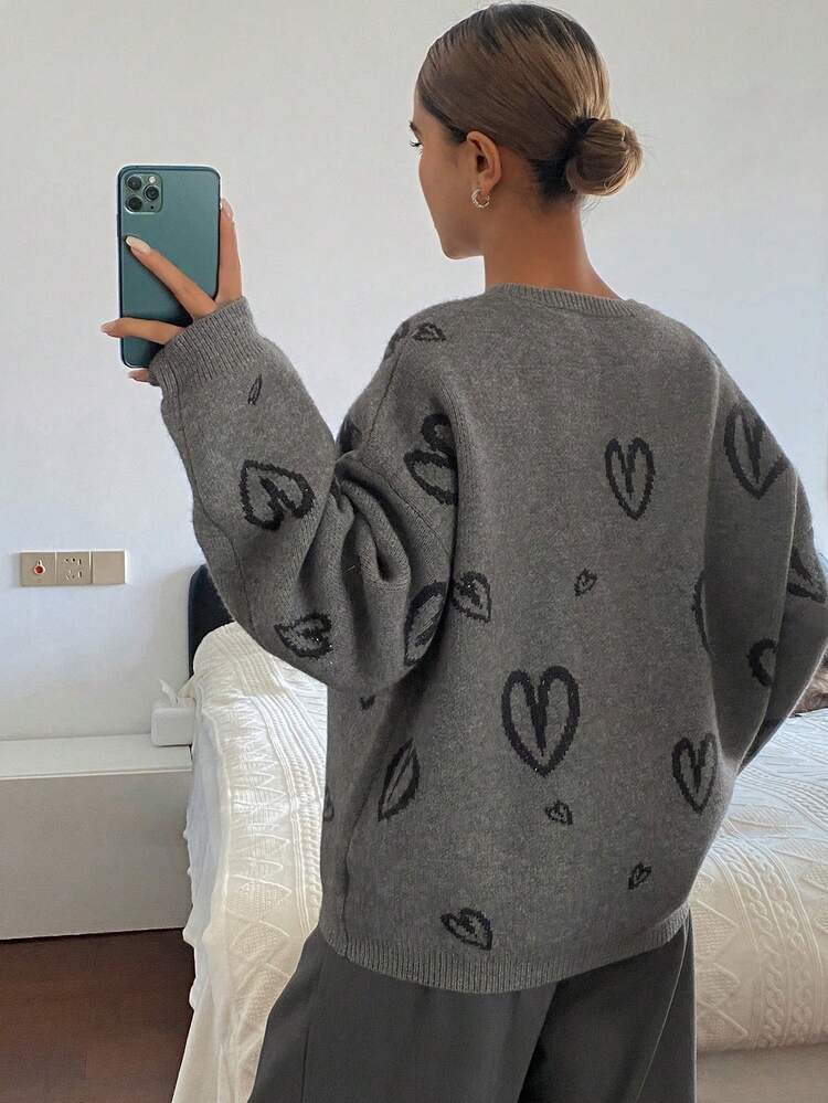 Heart Pattern Jacquard Loose Fit Crew Neck Casual Elegant Pullover Sweater For Women, Autumn/Winter