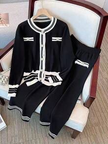 GlowEve 女士条纹长袖针织开衫和针织裤休闲两件套，秋冬 - 黑與白 - 查看 1
