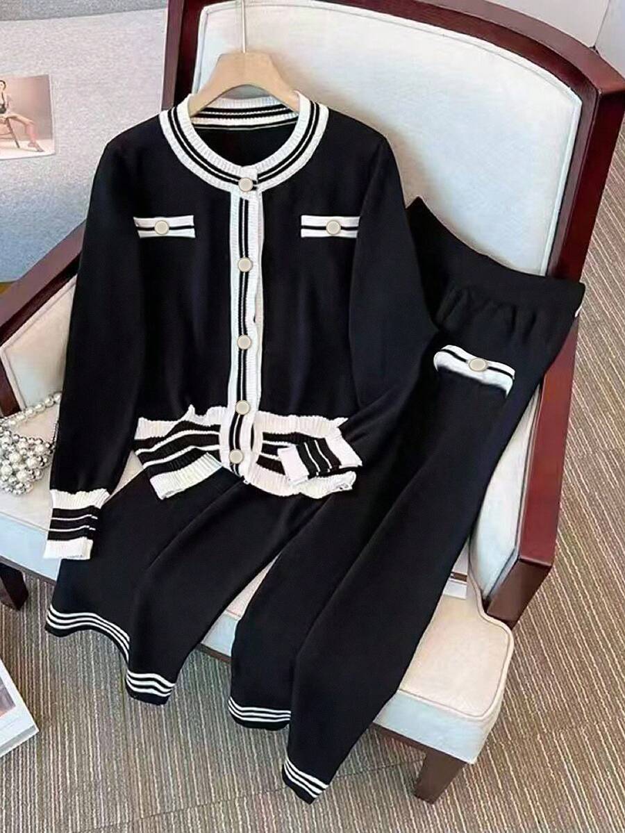 GlowEve 女士条纹长袖针织开衫和针织裤休闲两件套，秋冬 - 黑與白 - 查看 1