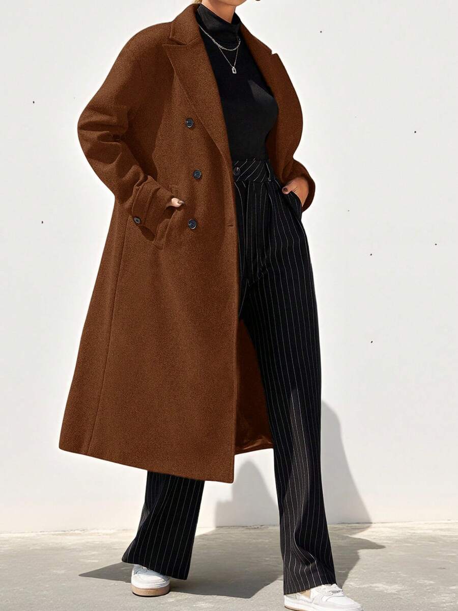 Aveloria Modichic Ladies Lapel Double Breasted Woolen Coat - Coffee Brown - View 1