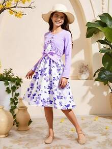 SHEIN Tween Girl 2pcs/Set Elegant Open-Front Coat And Printed Dress, Autumn,Holiday,Summer,Travel