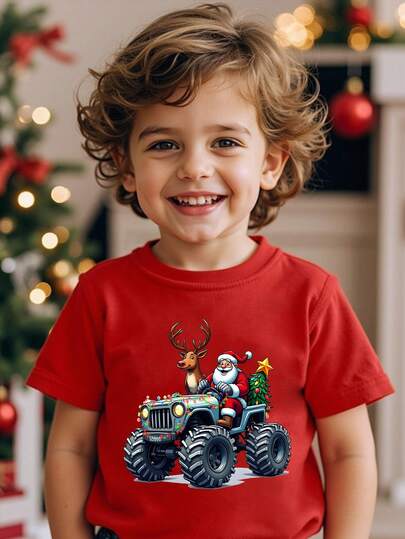 SHEIN Merry Christmas Young Boy Fashionable Cartoon Cute Reindeer, Snowflake, Santa Claus Truck Graphic Round Neck Red Short Sleeve T-Shirt, Comfortable & Versatile Christmas Party/ Tops