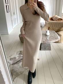 DAZY 女式高领收腰修身长袖流苏下摆毛衣裙 - 杏色 - 查看 4