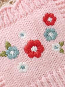 SHEIN 新生女婴粉色毛衣连体衣，吊带款式，绣花袜子设计，时尚优雅的连体衣 - 粉色 - 查看 5