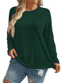 Kaos Lengan Panjang Wanita Ukuran Besar Warna Polos Leher Bulat Longgar Kasual Minimalis untuk Perjalanan Sehari-hari, Atasan Hijau, Musim Semi/Gugur - Dark Green - View 4