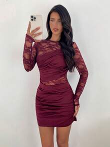 Aloruh Women's Autumn/Winter New Arrival Mini Dress, Long Sleeve Dress, Wine Red Lace Patchwork Vintage Romantic Sexy Elegant Lady Dress Long Sleeve Elegant Dress See Through Dress Wine Dress Mesh Dress Fall Clothes For Women Winter Clothes For Women Autumn Clothes Autumn Outfits For Women Fall Clothes Fall Outfits For Women Party/Nightclub/Y2K Outfit Burgundy Dress Dark Red Dress Red Wine Dress,Wedding Guest Dress Women