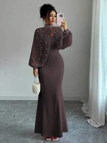 Elenzga New Elegant Mature Charm Evening Gown, Formal Dress, Dignified & Gentle, Dreamy Pink, Hand-Beaded Long Sleeve Top, Graceful Mermaid Hem Bodycon Slip Dress Set - Brown - View 3