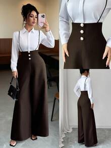 Elenzga 新款女士梭织斜纹高腰侧拉链可调节肩带休闲优雅阔腿连体裤，适合通勤和日常穿着，秋冬季款 - 棕色 - 查看 1