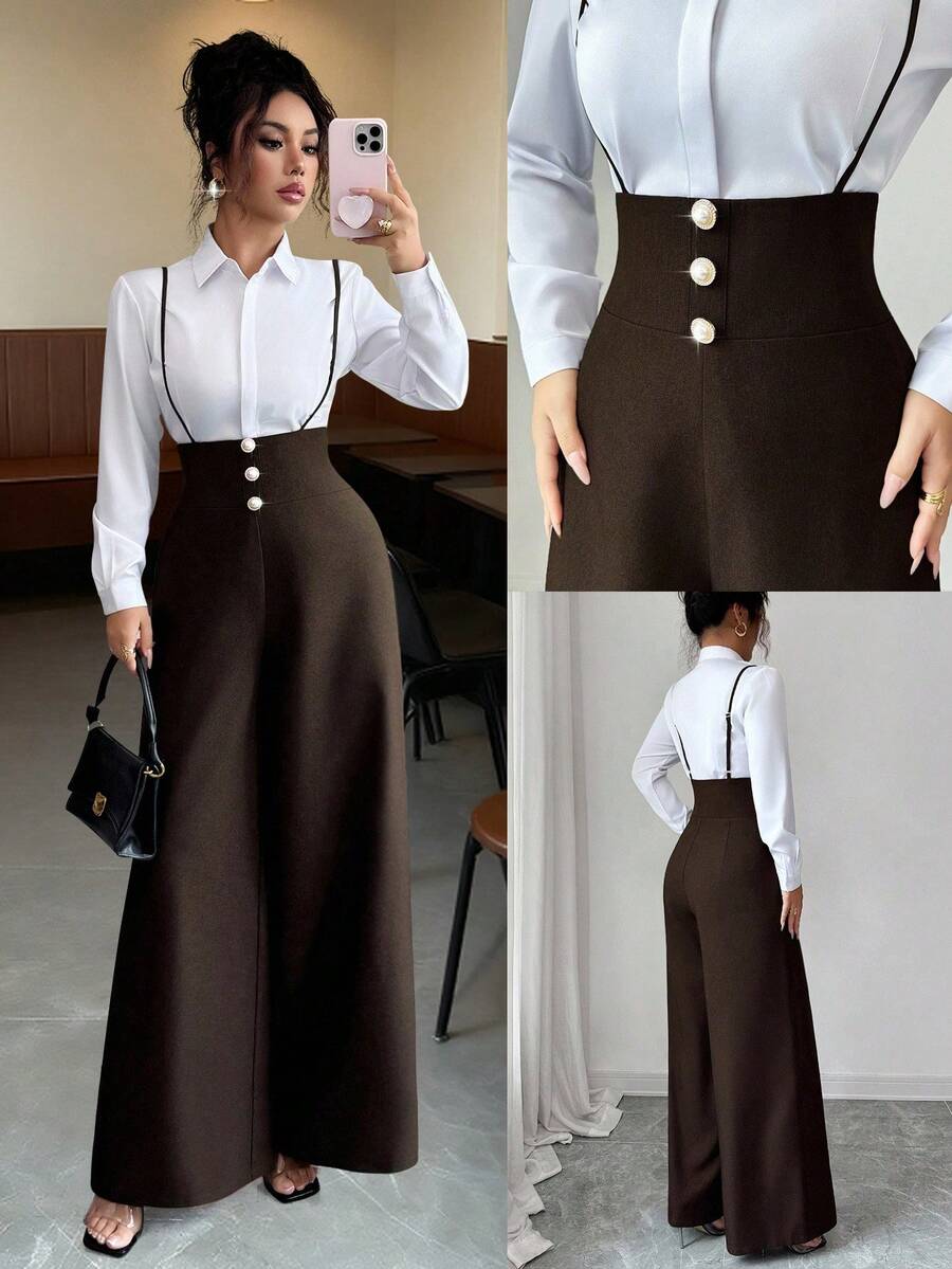 Elenzga 新款女士梭织斜纹高腰侧拉链可调节肩带休闲优雅阔腿连体裤，适合通勤和日常穿着，秋冬季款 - 棕色 - 查看 1