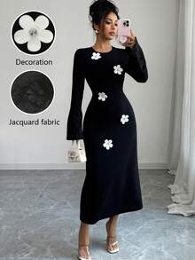 Modelyn Elegant Floral Jacquard Long Sleeve Midi Dress For Women,Daisy Flower Applique Black And White Autumn Dining Dress - Black - View 8