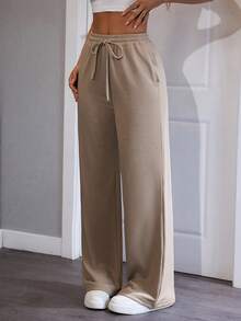 SHEIN PETITE 舒适休闲纯色针织阔腿女式运动裤 - 駝色 - 查看 3