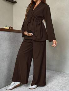 SHEIN 2pcs Maternity Casual Commuter Solid Color Shirt And Pants Set, Autumn Wide Leg Pants Set Brown Set Women Pants Suits For Woman Maternity Clothes Two Piece Suits Pants Suit - Coffee Brown - View 3