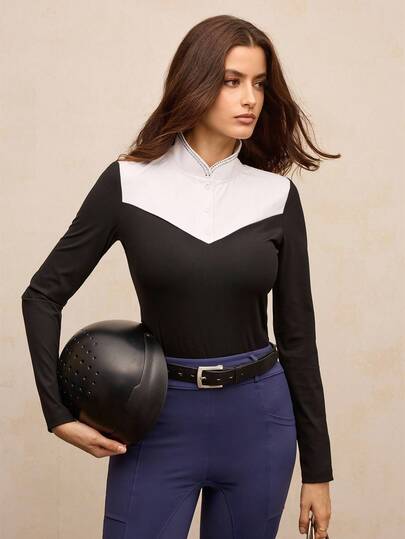 Activina Women's Contrast Color Patchwork Stand Collar Rhinestone Decor Equestrian Outfit Equestrian Clothing Long Sleeve Equestrian Top Horseback Riding Outfit Sport Shirts For Women
