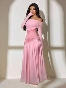 SHEIN PETITE 新款一字肩长袖撞色网纱刺绣不对称下摆拼接超长高弹修身连衣裙优雅浪漫 - 粉色 - 查看 4