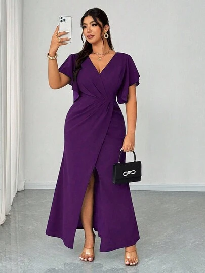 Elenzga 加大码优雅浪漫荷叶边袖 V 领腰部合身美人鱼下摆鸡尾酒会婚礼宾客礼服