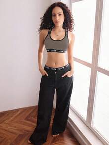 女士字母和心形图案休闲舒适文胸 - 摩卡棕 - 查看 6