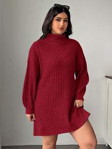 SHEIN EZwear 大码高领宽松粗针织灯笼袖毛衣裙，秋冬 - 紅色 - 查看 6