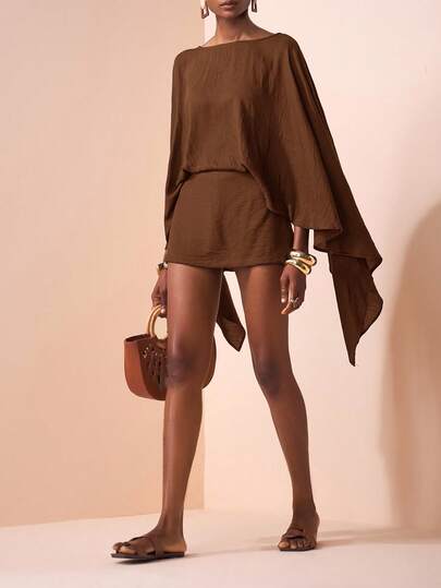 Zivah Conjunto de 2 piezas de blusa de manga larga holgada marrón y falda mini para otoño e invierno 2025, elegante y casual para viajes, ir a la oficina, fiestas, vacaciones, estilo "old money", compras, banquetes, elegante, citas, informal - A