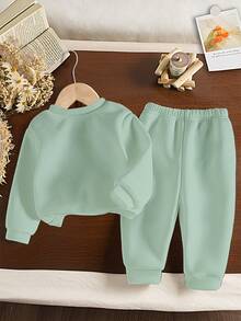 SHEIN 1 Set Baby Girls Casual Fashionable Cute Leopard Bow Cherry Pattern Crew Neck Sweatshirt And Sweatpants Set, Autumn/Winter Infant Outfits