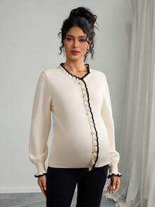 Momance Femmes Ample Ajustement Col V Contraste Couleur Volant Lanterne Manche Faux Bouton Design Décontracté Maternité Tricot pull, Automne/Hiver