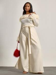 MUSERA Plus Bardot Knitted Shaggy Knit Trim Long Sleeve Top , Winter, Back To School, Cute, Everyday, Casual, Coffee Club Curve Evening Party Elegant - White - View 5