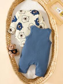 SHEIN 新生男宝宝杏核条纹卡通印花长袖连体衣搭配绿色泰迪熊刺绣肩带连体衣两件套时尚个性可爱秋季新款 - 藍色 - 查看 2