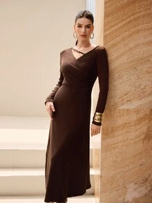 Modelyn Vestido elegante de manga larga ajustado con escote en V y calado, de moda y elegante, para otoño/invierno - Marrón - Ver 5