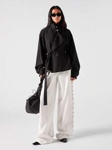 LYSMO Women's Black Striped Turtleneck Dropped Shoulder Long Sleeve Fashionable Versatile Trench Coat, Autumn,Winter Clothes For Women - Black - View 3