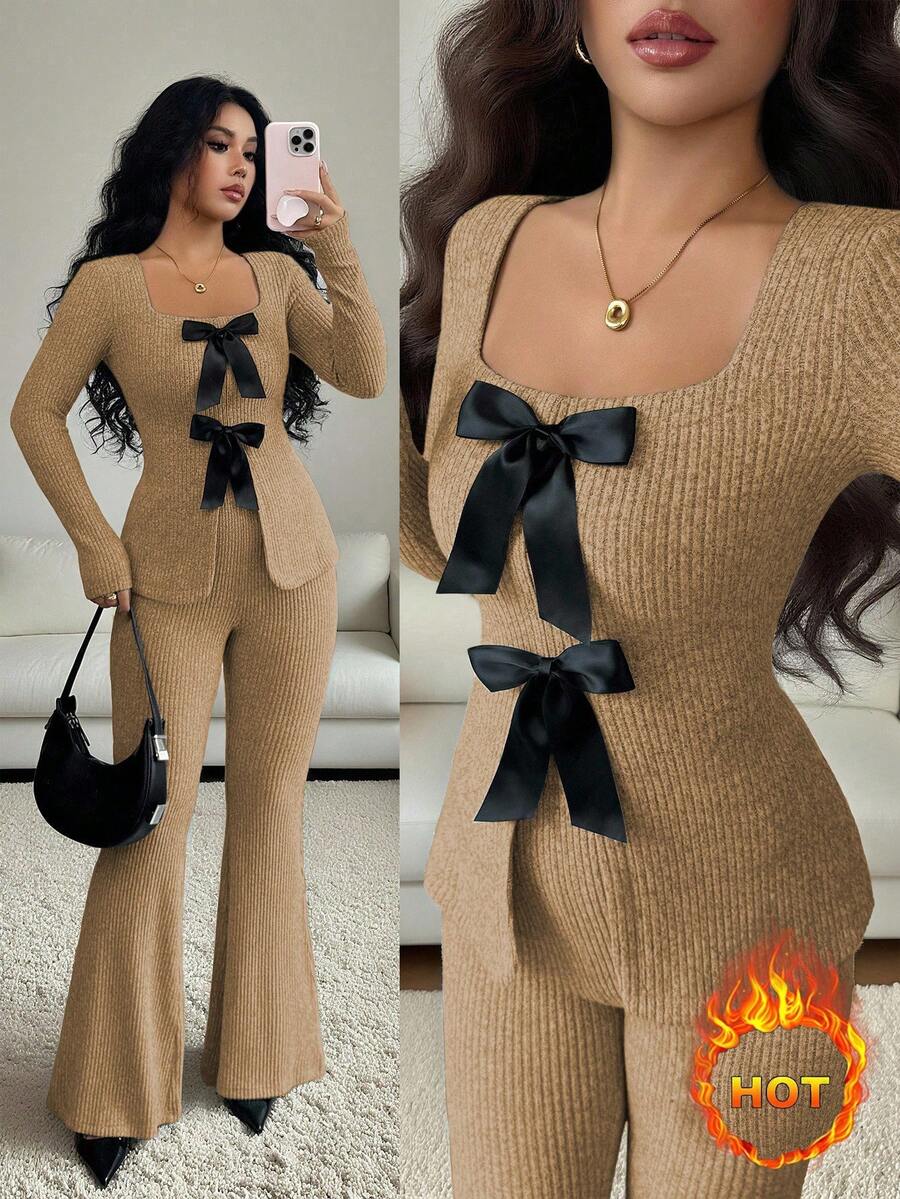 Elenzga Women's Elegant Cloud-Like Fleece Ribbed Bowknot Collar Long Sleeve Cinched Waist Top And Flare Pants 2 Pieces Set - Khaki - View 1