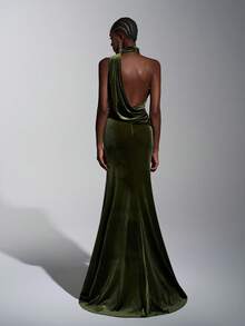 Elitara 优雅荷叶边领露背美人鱼下摆紧身开衩连衣裙，适合婚礼、派对、度假、舞会、伴娘（成人） - 綠色 - 查看 1