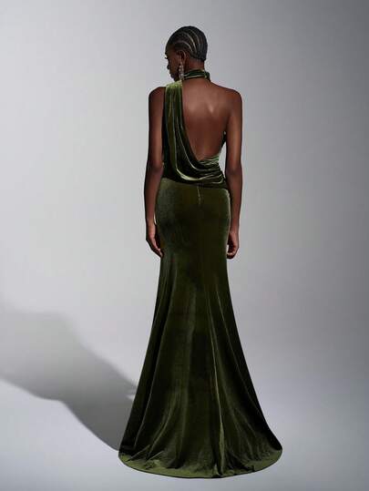 Elitara Elegant Ruffle Collar Backless Mermaid Hem Bodycon Slit Dress, Suitable For Weddings, Parties, Vacations, Balls, Bridesmaid (Adult)