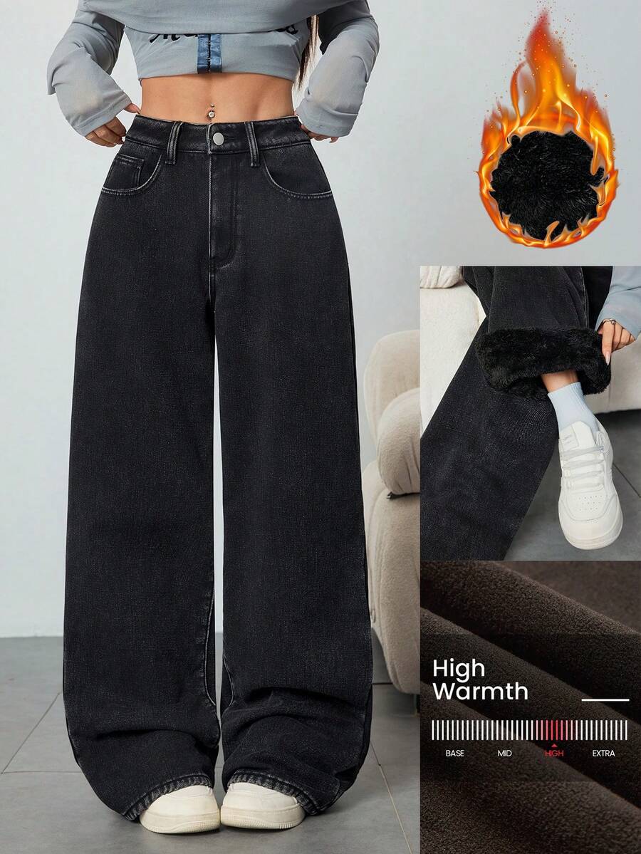 SHEIN Tall 高腰女式宽松休闲百搭口袋牛仔阔腿裤 - 黑色 - 查看 1